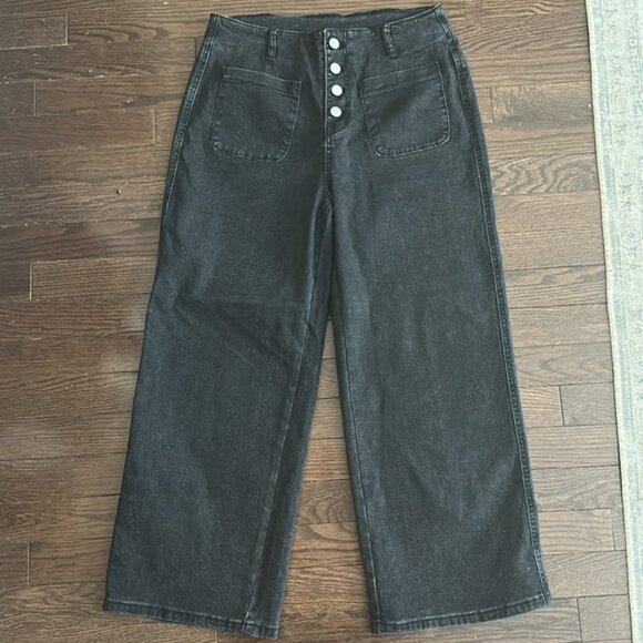 Addkaka Wide Leg High Rise Exposed Button Fly Wide Leg Culotte Stretch Jeans - Picture 7 of 9